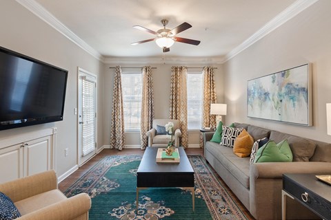 Model living room decor at The Berkeley Apartments, Georgia, 30096